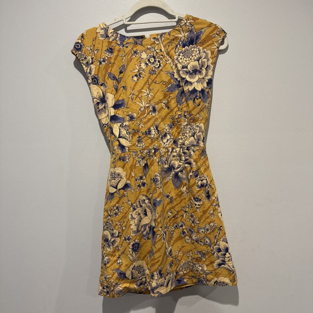 ANTHROPOLOGIE Tie Back Dress Boho Cap Yellow Blue Floral Open Back Mini Size 0 - Picture 3 of 14